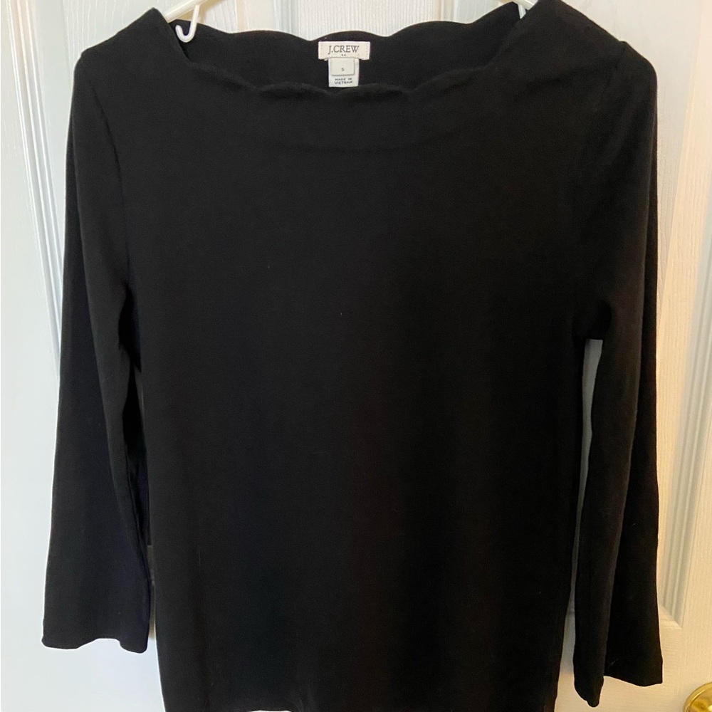 J. Crew Women's Cotton Black Top With Scalloped Neck Small Excellent Condition